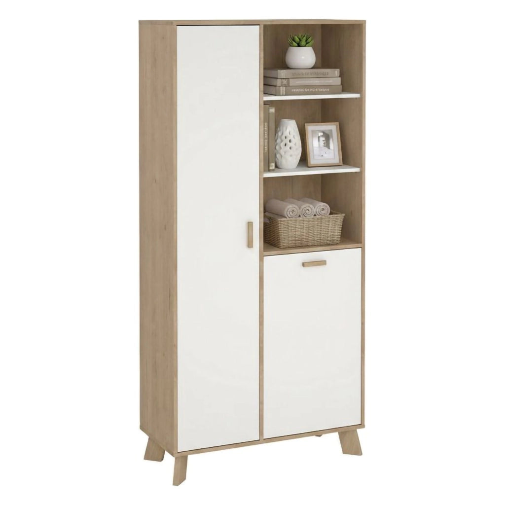 Vetrina Mirinae, Credenza espositiva, Vetrinetta multiuso, Madia da soggiorno, 89x40 h188 cm, Rovere e Bianco