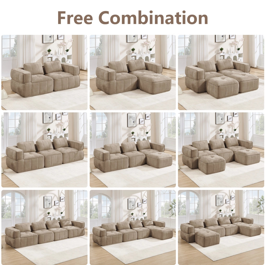 Divano modulare a U 3 posti con 2 pouf 271x162x67 cm in poliestere color sabbia