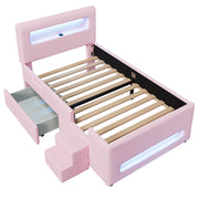 Letto imbottito con luci led, cassetto, prese USB e scaletta, rosa 90x200