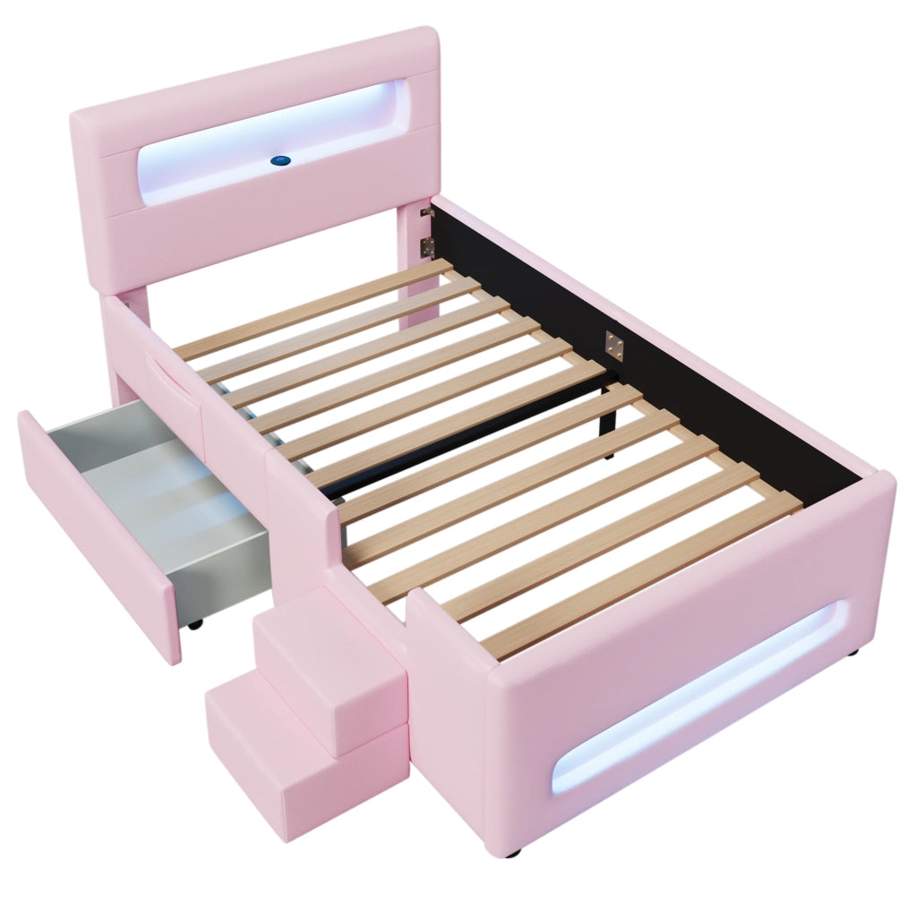 Letto imbottito con luci led, cassetto, prese USB e scaletta, rosa 90x200