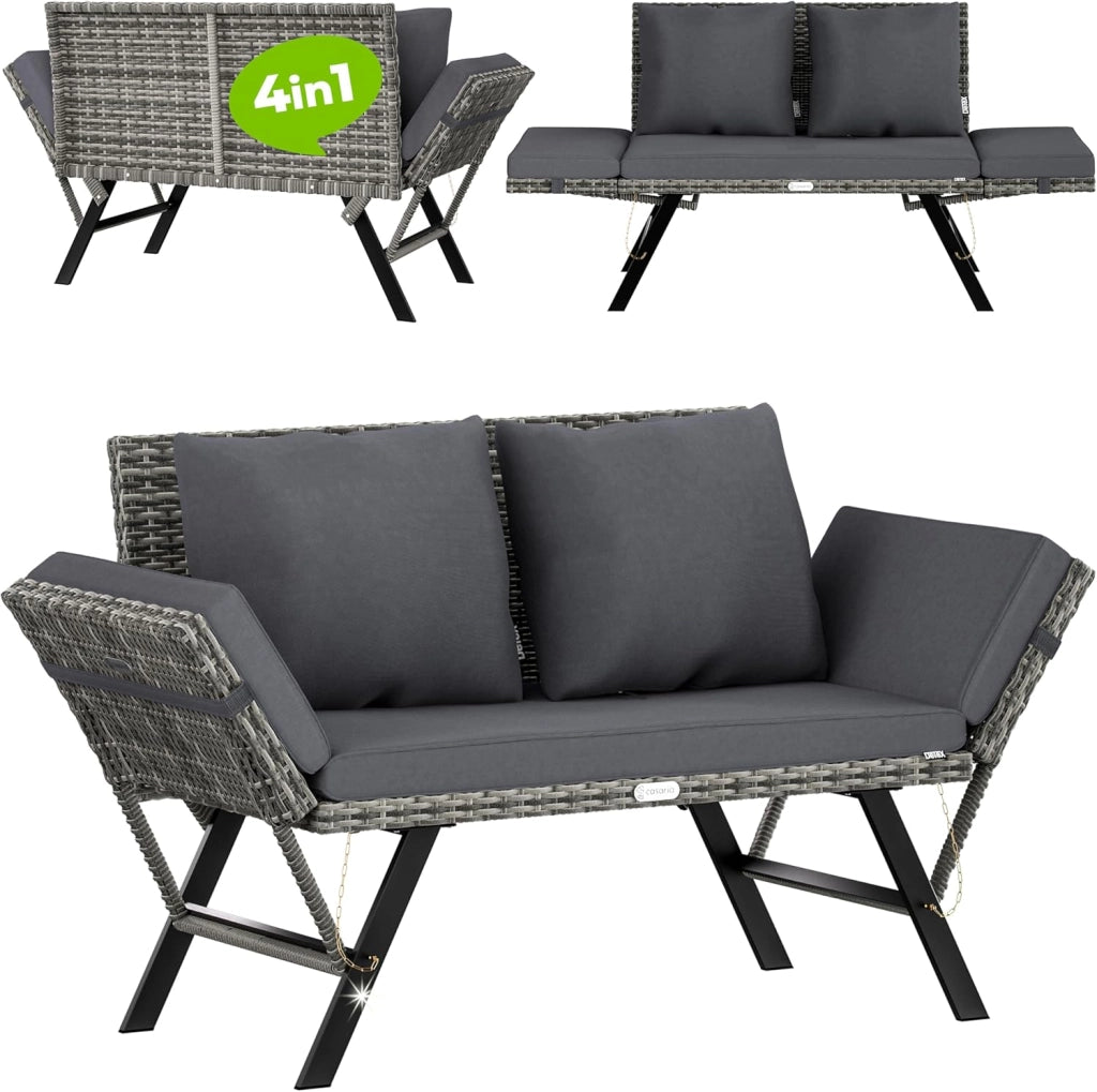 ® Panca da Giardino in Polyrattan Reclinabile Braccioli Regolabili Resistente Divano da Esterno Terrazza Balcone