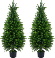 Set di 2 Alberi Artificiali di Cedro, Albero Artificiale in Vaso con Cemento e Fondo Rinforzato, Resistenti al Sole, Pianta Topiaria Finta da Interno e Esterno, per Casa e Ufficio (120 cm)