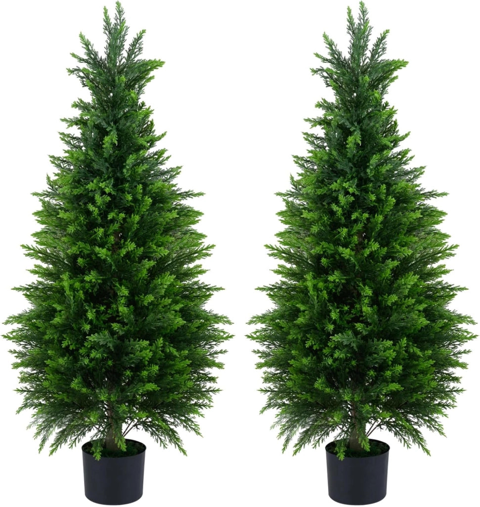 Set di 2 Alberi Artificiali di Cedro, Albero Artificiale in Vaso con Cemento e Fondo Rinforzato, Resistenti al Sole, Pianta Topiaria Finta da Interno e Esterno, per Casa e Ufficio (120 cm)