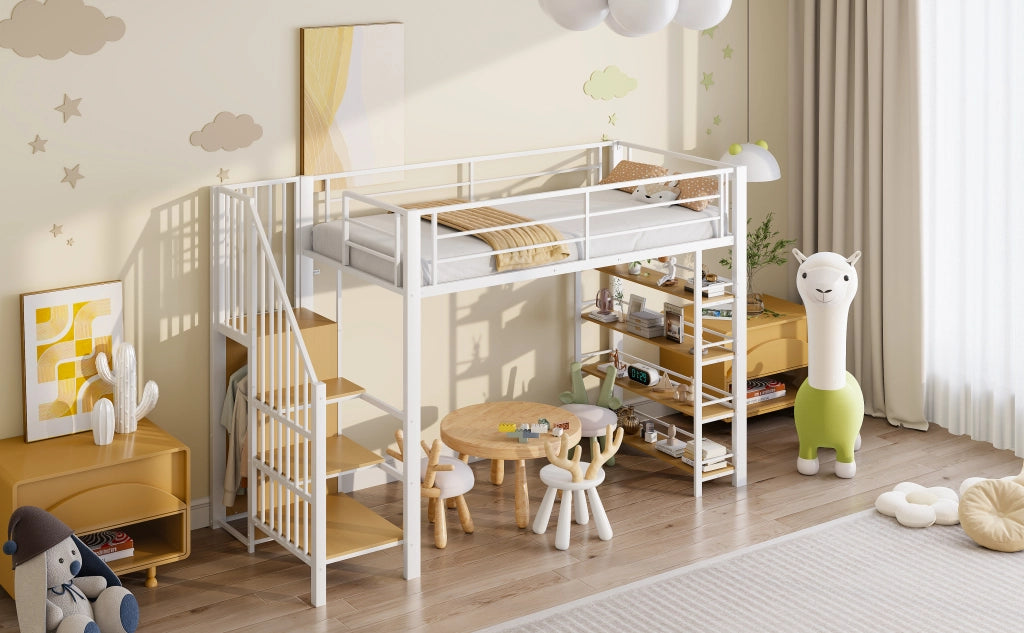 LETTO a soppalco 90x200 cm con scala, armadio e ripiani, metallo bianco