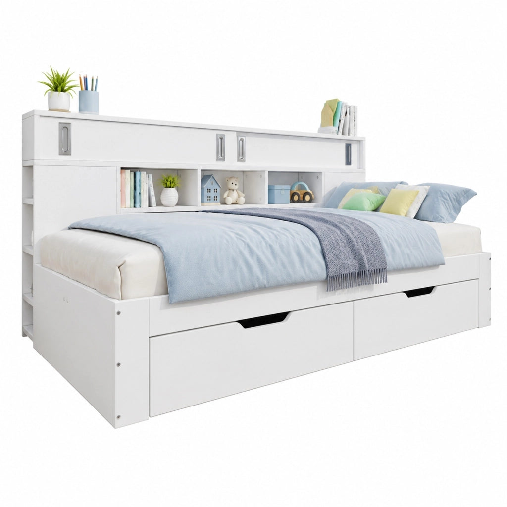 Letto singolo 90x190 cm con 2 cassetti e spazio contenitore; bianco