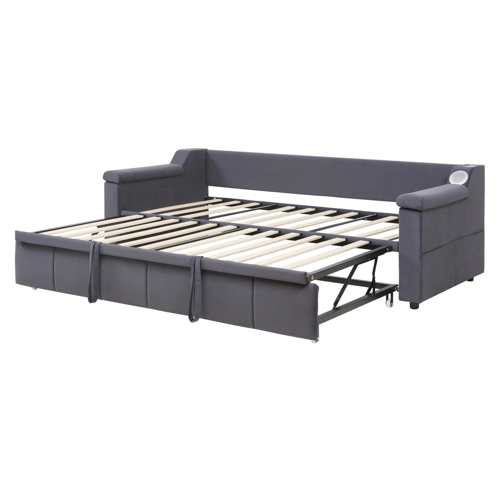Divano letto imbottito 90/180x190 cm con Bluetooth; USB e vani contenitore; grigio