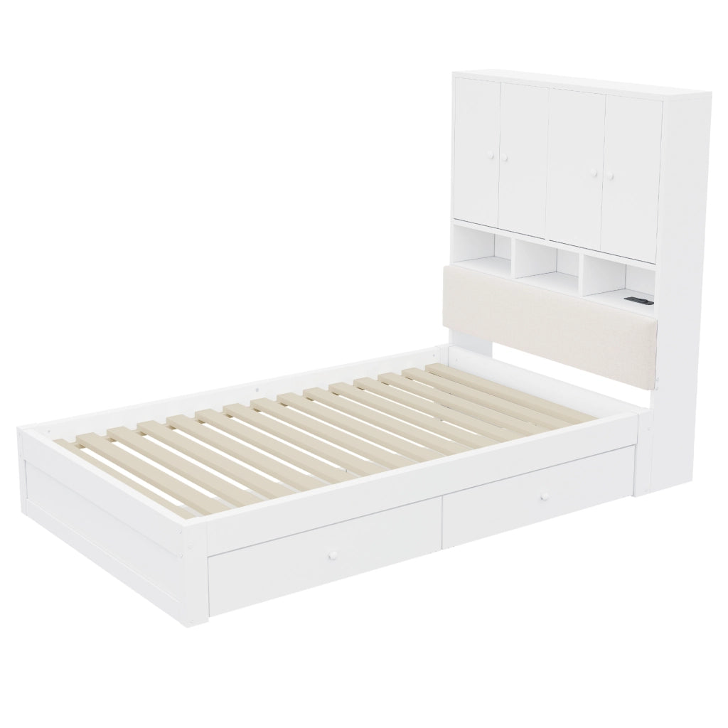 Letto in legno 90 x 200 cm, testiera imbottita, con vano portaoggetti, illuminazione a LED, presa di corrente, 2 cassetti, bianco