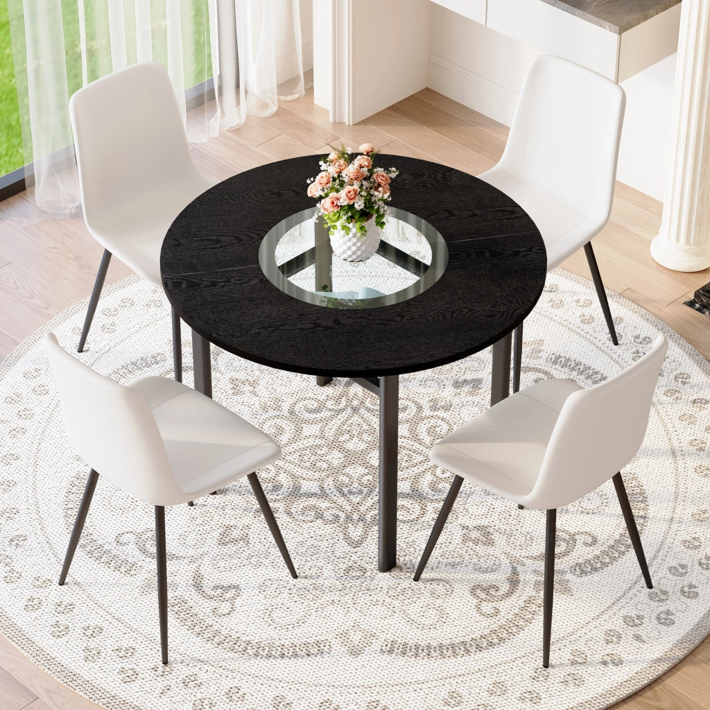 Tavolo da pranzo rotondo con inserto in vetro e ripiano in vetro, per soggiorno e cucina, in MDF e metallo, 100 cm