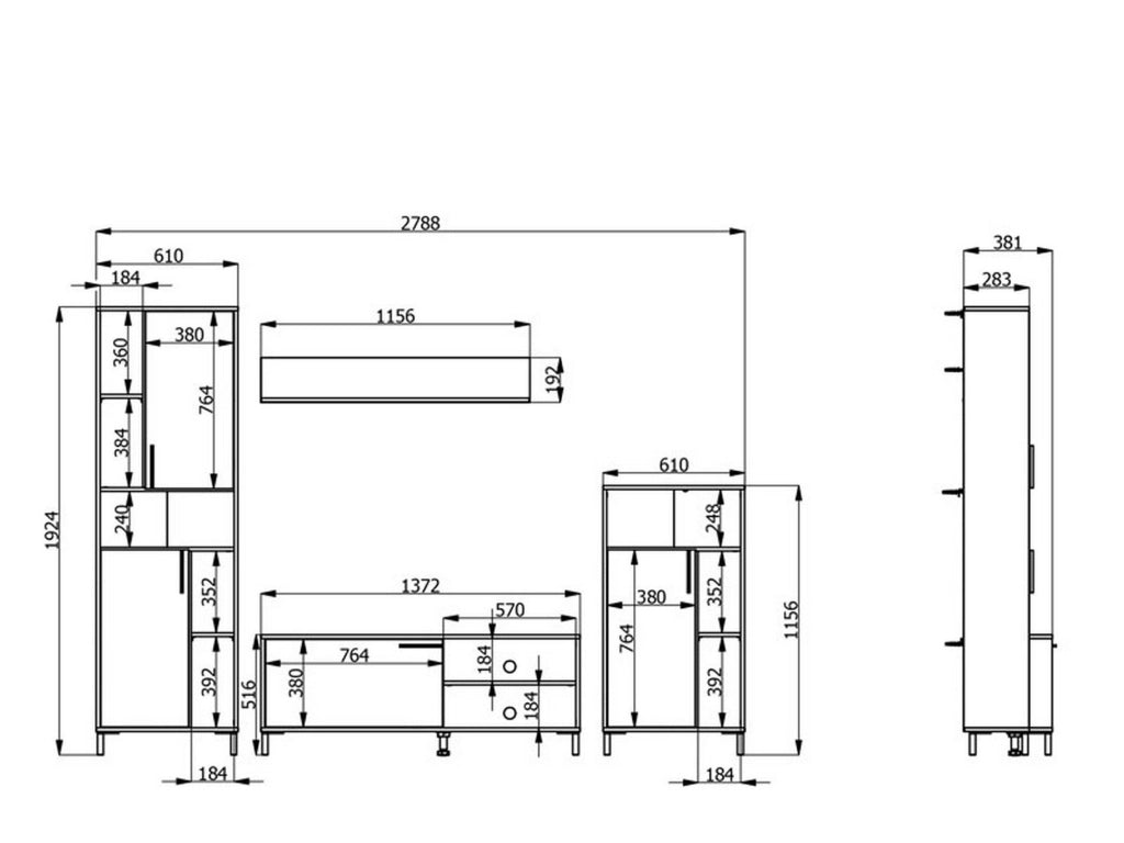 Mobile Soggiorno Civitate, Parete Attrezzata Modulabile, 279x38x192.5h cm Nero Antracite