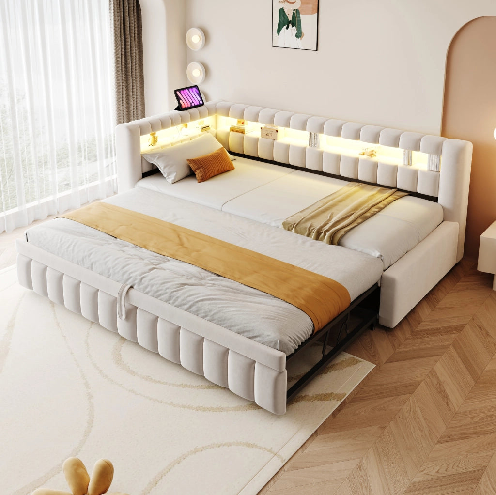 Letto imbottito estraibile 90 x 200 cm beige con LED e ricarica USB