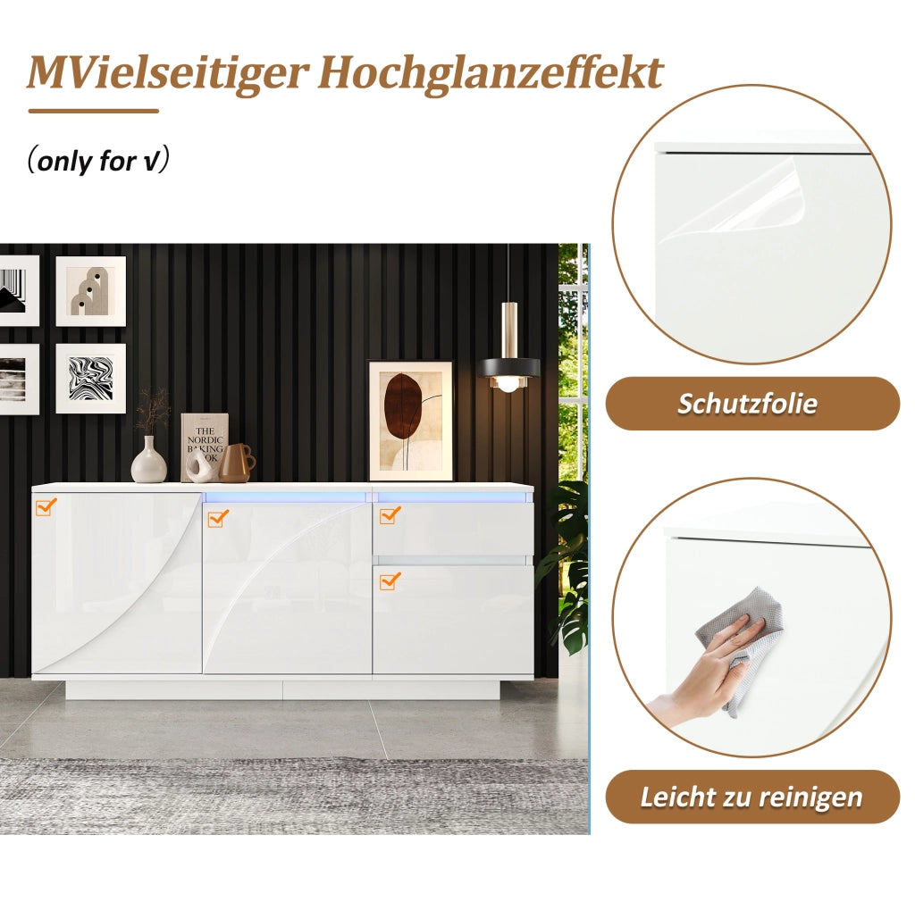 Credenza LED bianca 140x40x60 cm con 3 ante e cassetto