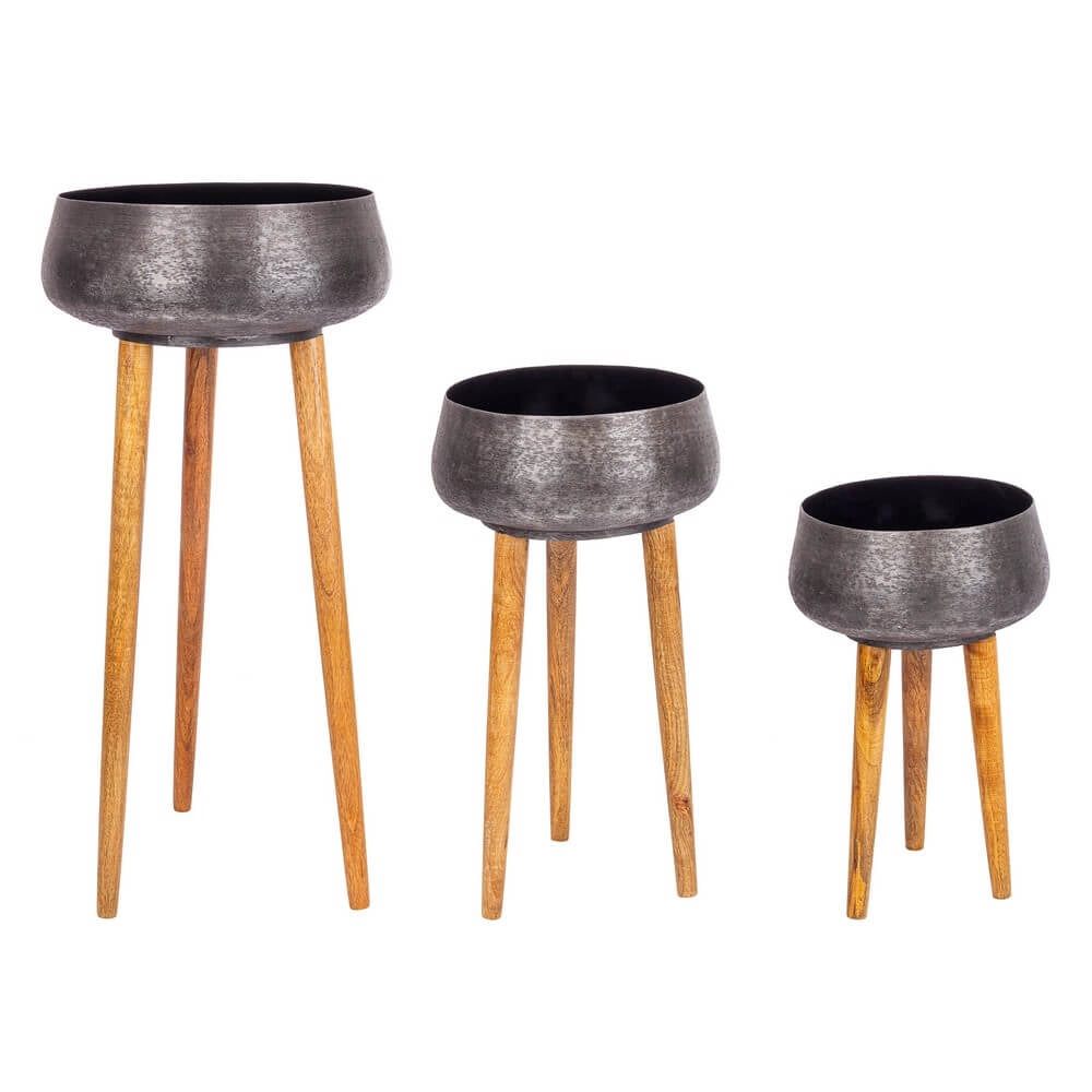 Set di 3 Porta Vaso in Alluminio Martellato Oro con Treppiede in Legno - ROMAN