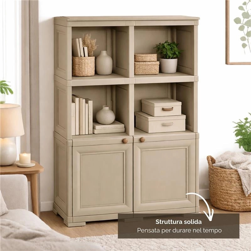 ARMADIO IN PLASTICA EFFETTO LEGNO CON 1 MODULO CHIUSO E 2 SCAFFALI APERTI, MOBILE CONTENITORE DA SALOTTO, BALCONE COPERTO E GIARDINO