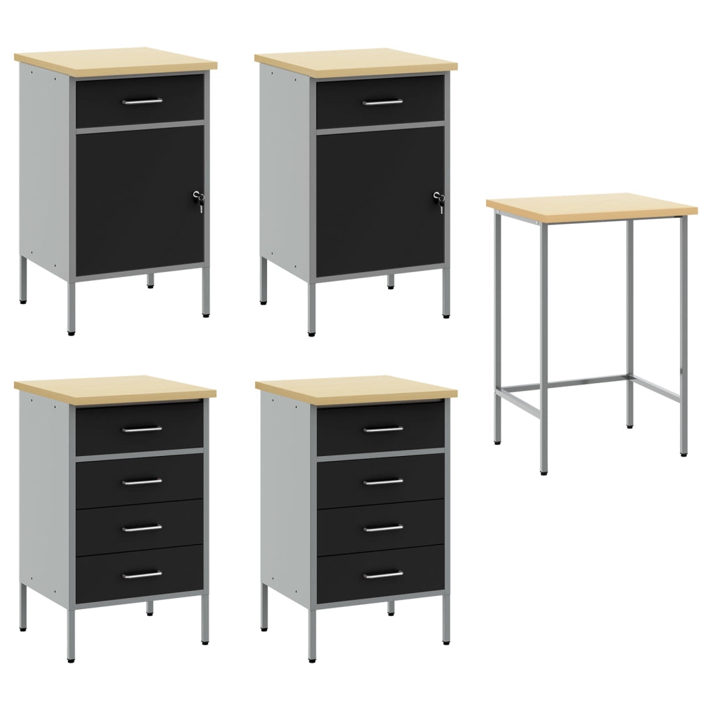 Set da Lavoro e Tavolo Angolare da 5 Pezzi Nero in Legno Compensato