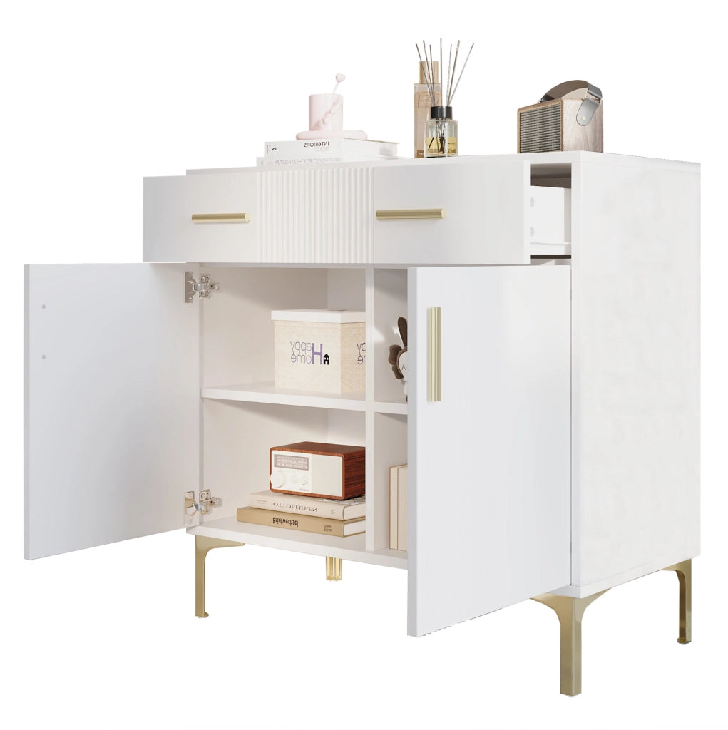Credenza con 2 ante e 2 cassetti 80x35x79;5 cm in MDF bianco con frontali ondulati