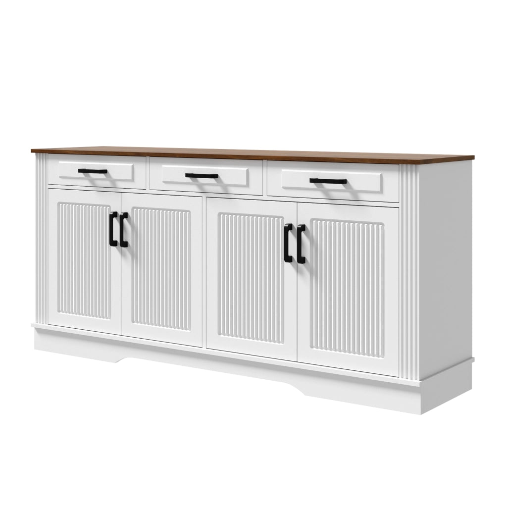 Sideboard bianco in MDF con 4 ante a rilievo verticale, 3 cassetti e 2 vani chiusi