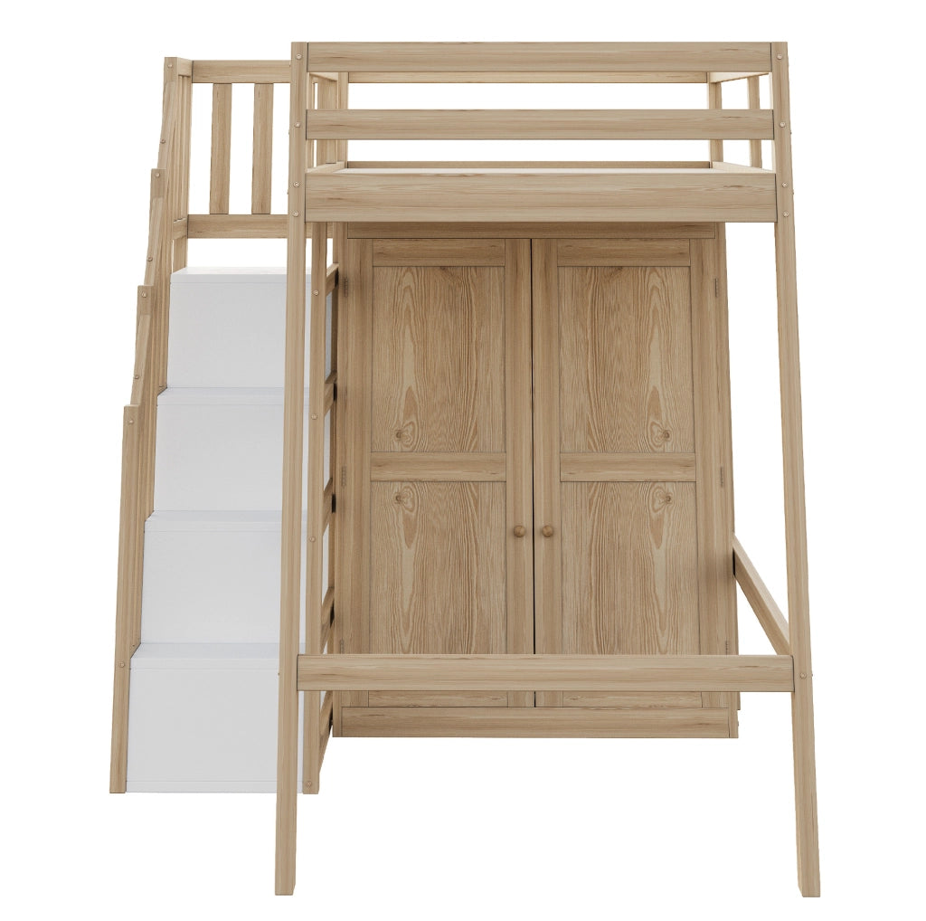 Letto a soppalco 90x200 cm in legno colore naturale con armadio e scala con spazio contenitivo