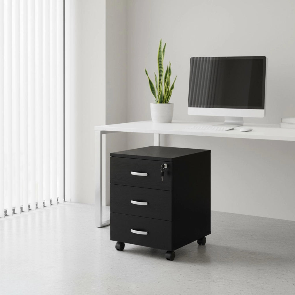 Marvin Cassettiera Ufficio In Legno Chiave Sicurezza Con Ruote Per Scrivania Tavolo 3 Cassetti Ripiani Nero