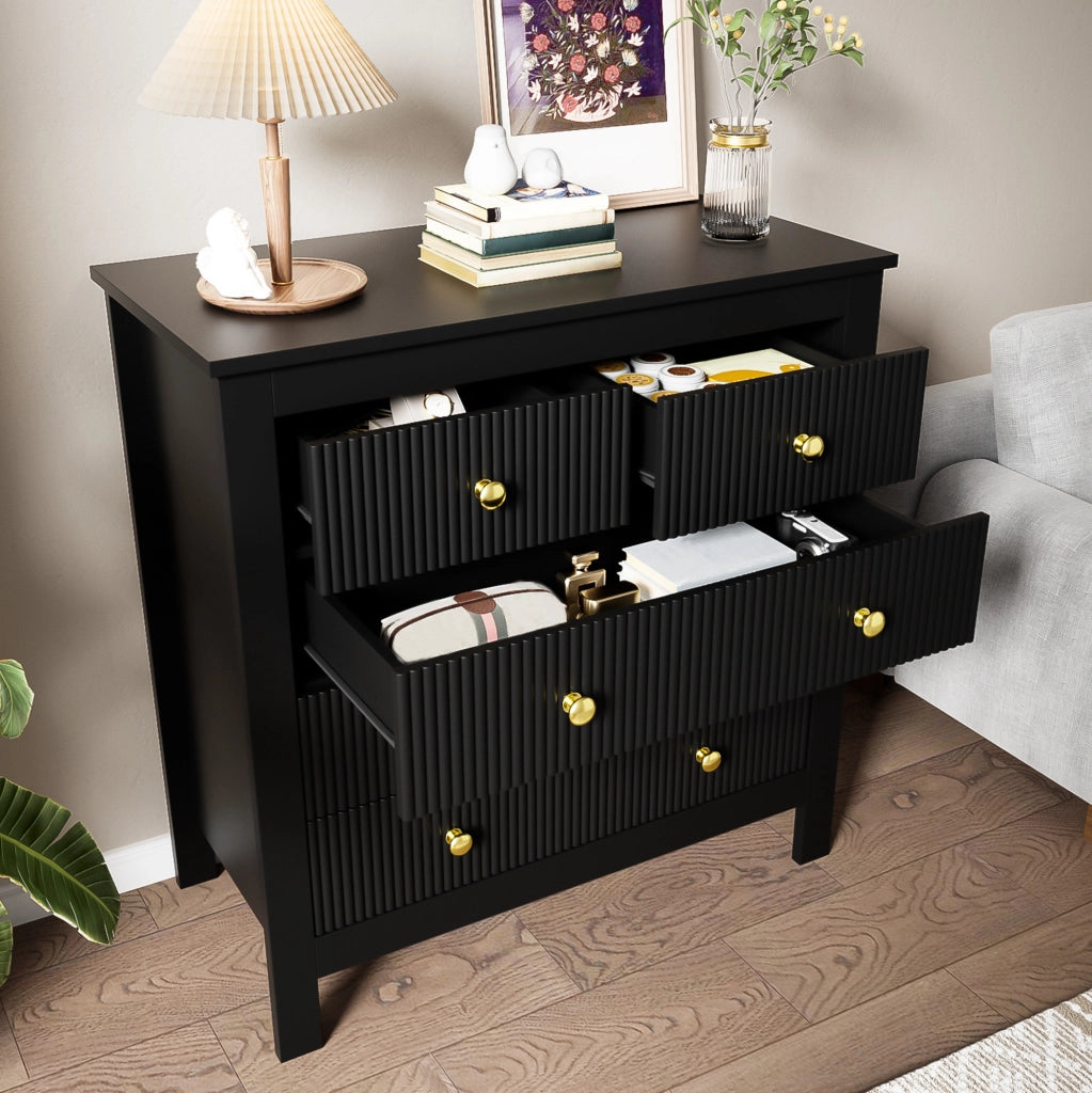 Cassettiera con 5 cassetti; maniglie dorate e ante strutturate; 79x39;5x80;5 cm; nera