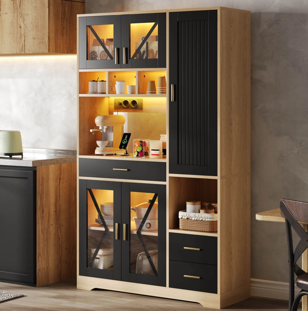 Credenza da cucina 105x40x185 cm nera e naturale in MDF con LED