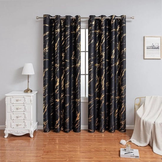 Gordini - Tendaggi Oscuranti - Tendaggi Pronti all'Assemblaggio con Ganci - Tendaggi in Marmo Nero con Isolamento Termico - 100*250cm - 2 pezzi