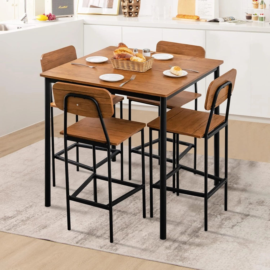 Set 5 Pezzi Tavolo da Pranzo, 1 Tavolo Rettangolare e 4 Sedie con Poggiapiedi, Set di Tavolo da Pranzo Salvaspazio per Casa Ristorante Bar (Marrone Scuro)