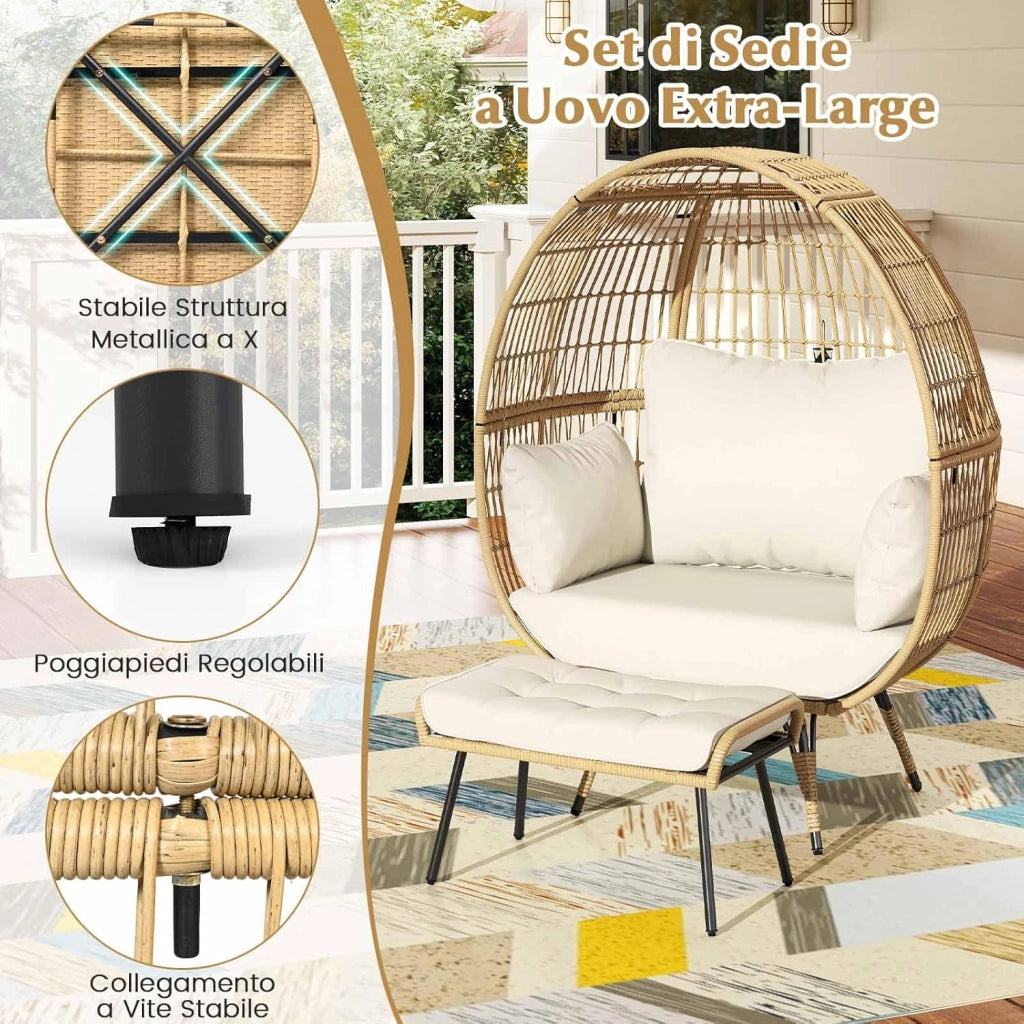 Sedia a Uovo con Poggiapiedi, Set da 2 Pezzi in Rattan con Struttra in Metallo e Cuscini Morbini, Portata 205 kg, Poltrona Relax per Soggiorno, Terrazzo, Giardino e Cortile