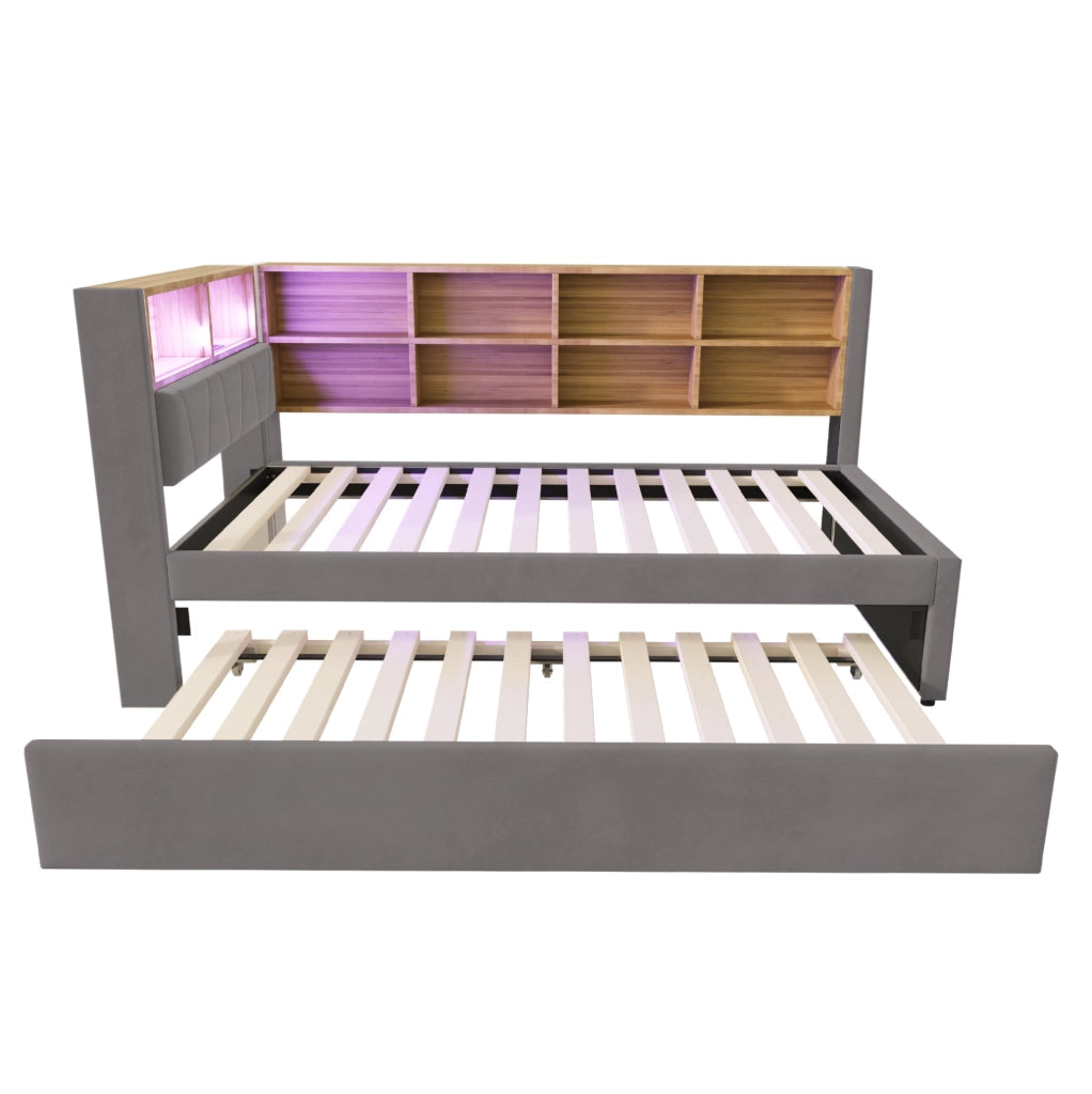Divano letto 90x200 cm con letto estraibile; LED e prese in flanella grigio scuro