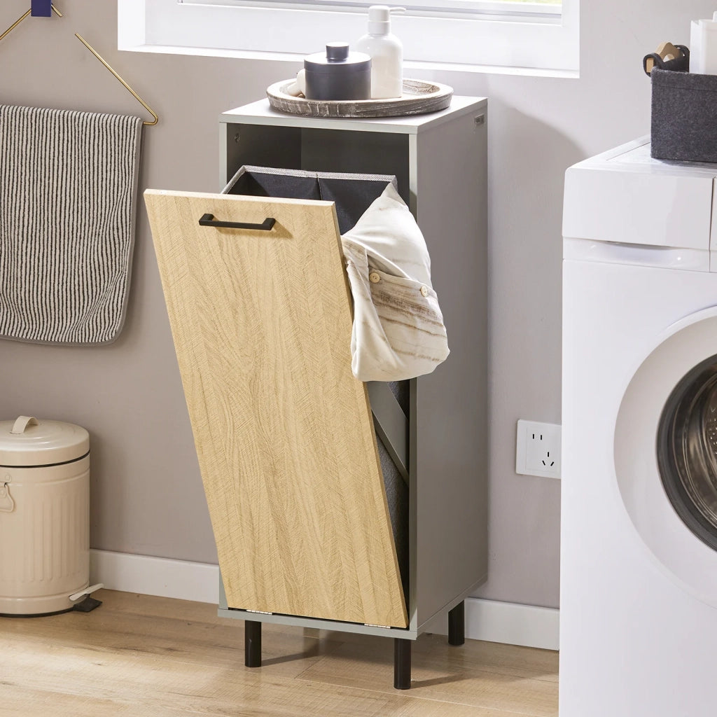 Mobile Bagno Portabiancheria Pieghevole Mobiletto Grigio E Naturale 31.5x30x86.3cm BZR132-NG