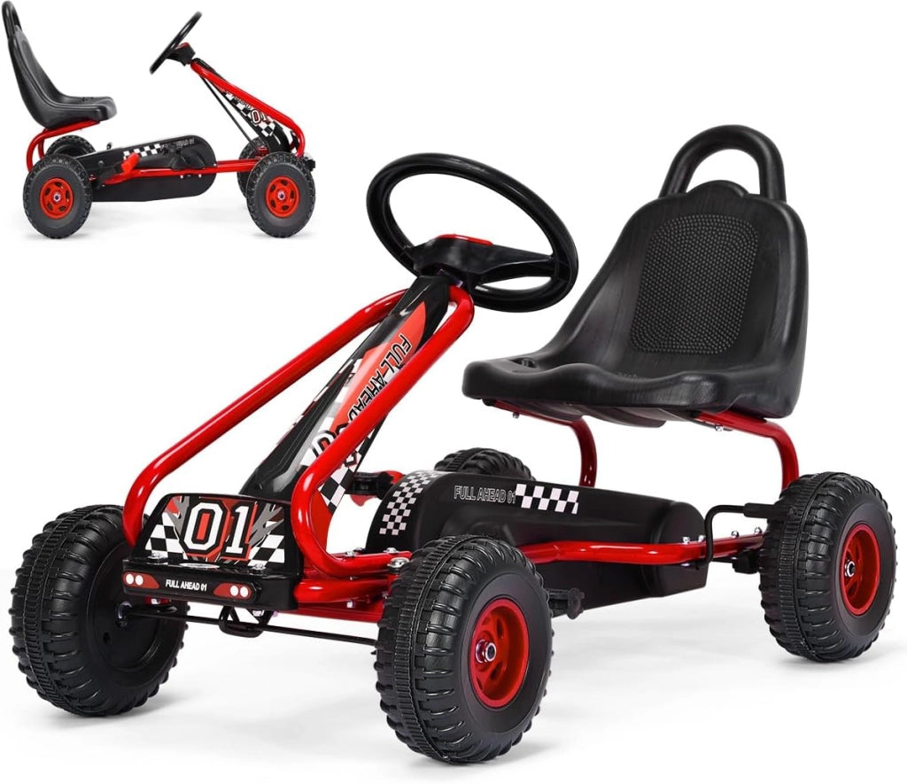 Go Kart a Pedali per Bambini, Macchina per Bambini con Sedili Regolabili in 2 Posizioni e 4 Ruote Antisdrucciolo, Carico 30 kg, per 3 Anni + (Rosso, 92 x 50 x 53 cm)