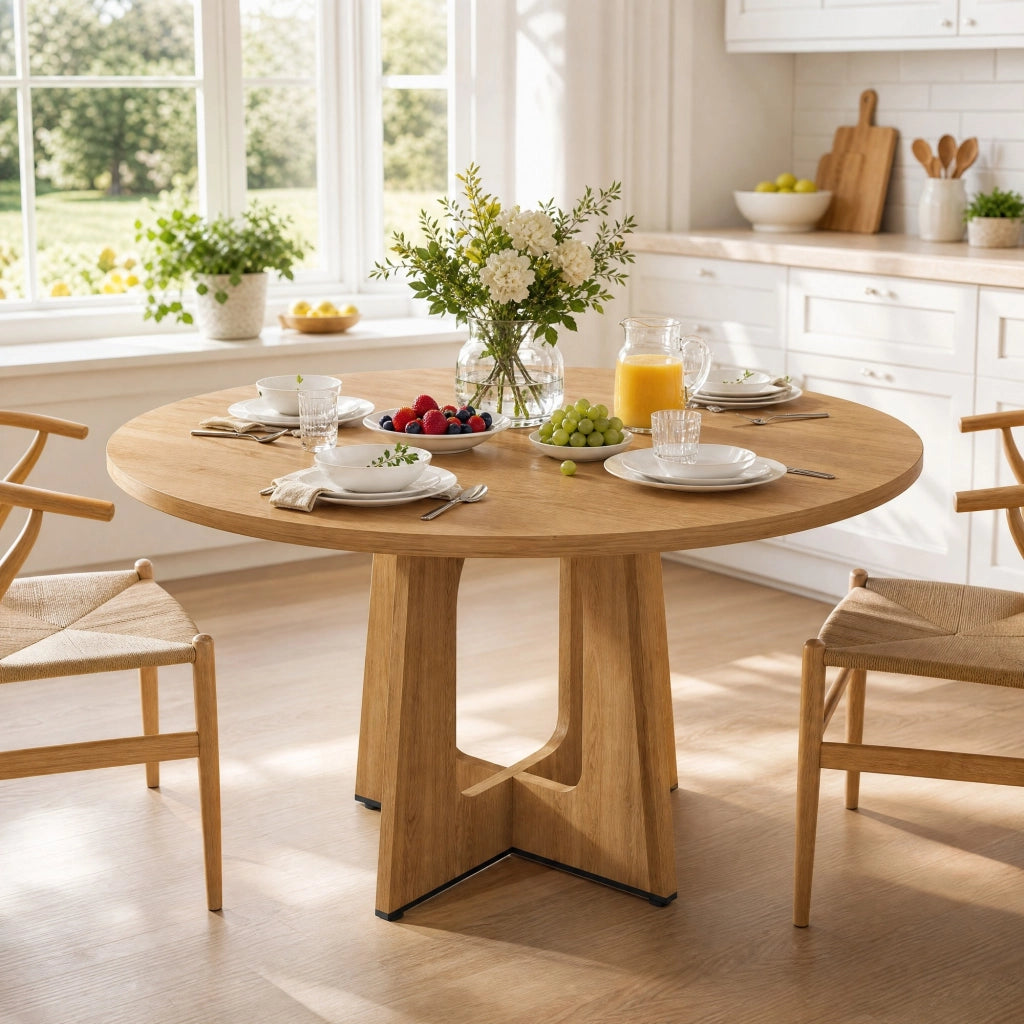 Tavolo rotondo da pranzo 120 cm in MDF effetto rovere, per 4-6 persone, altezza 76 cm