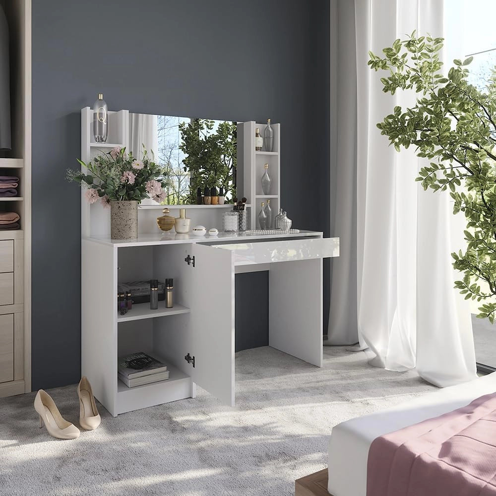 Tavolo da toeletta Sherry, Bianco/bianco lucido, 119.8 cm 4 parti