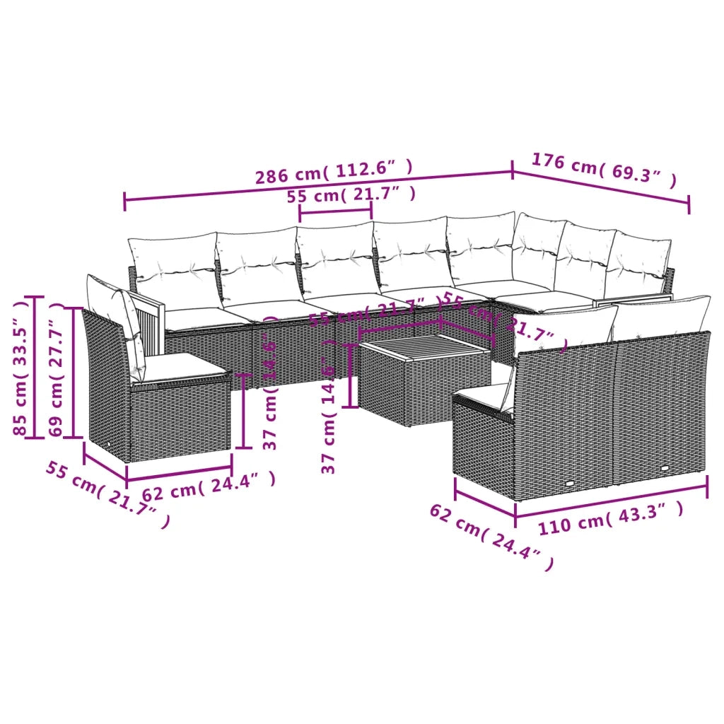 Set Divani da Giardino 11 pz con Cuscini Beige in Polyrattan 3227760