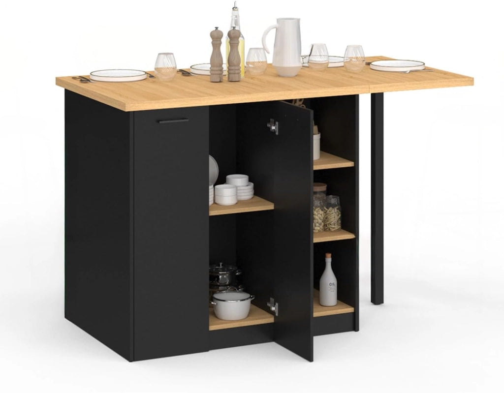 Isola centrale CESAR 140 cm in legno nero con piano di lavoro effetto faggio