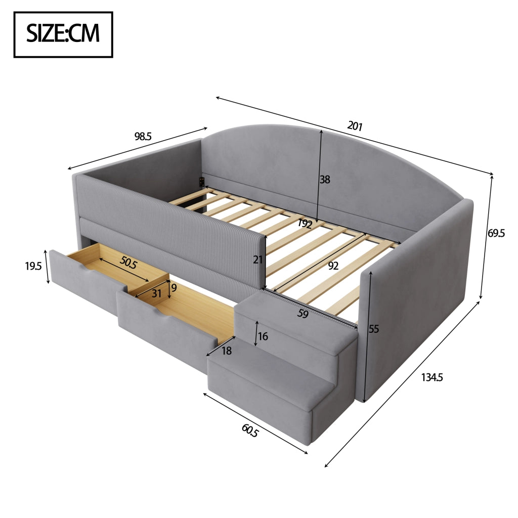Letto per bambini 90 × 190 cm con 2 cassetti, sponde di sicurezza et gradini, senza materasso, velluto grigio chiaro
