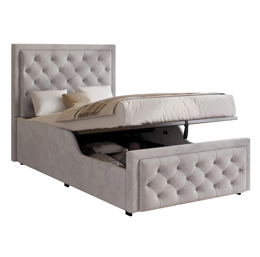 Letto imbottito 90x200 cm con contenitore idraulico; testiera capitonné in velluto grigio