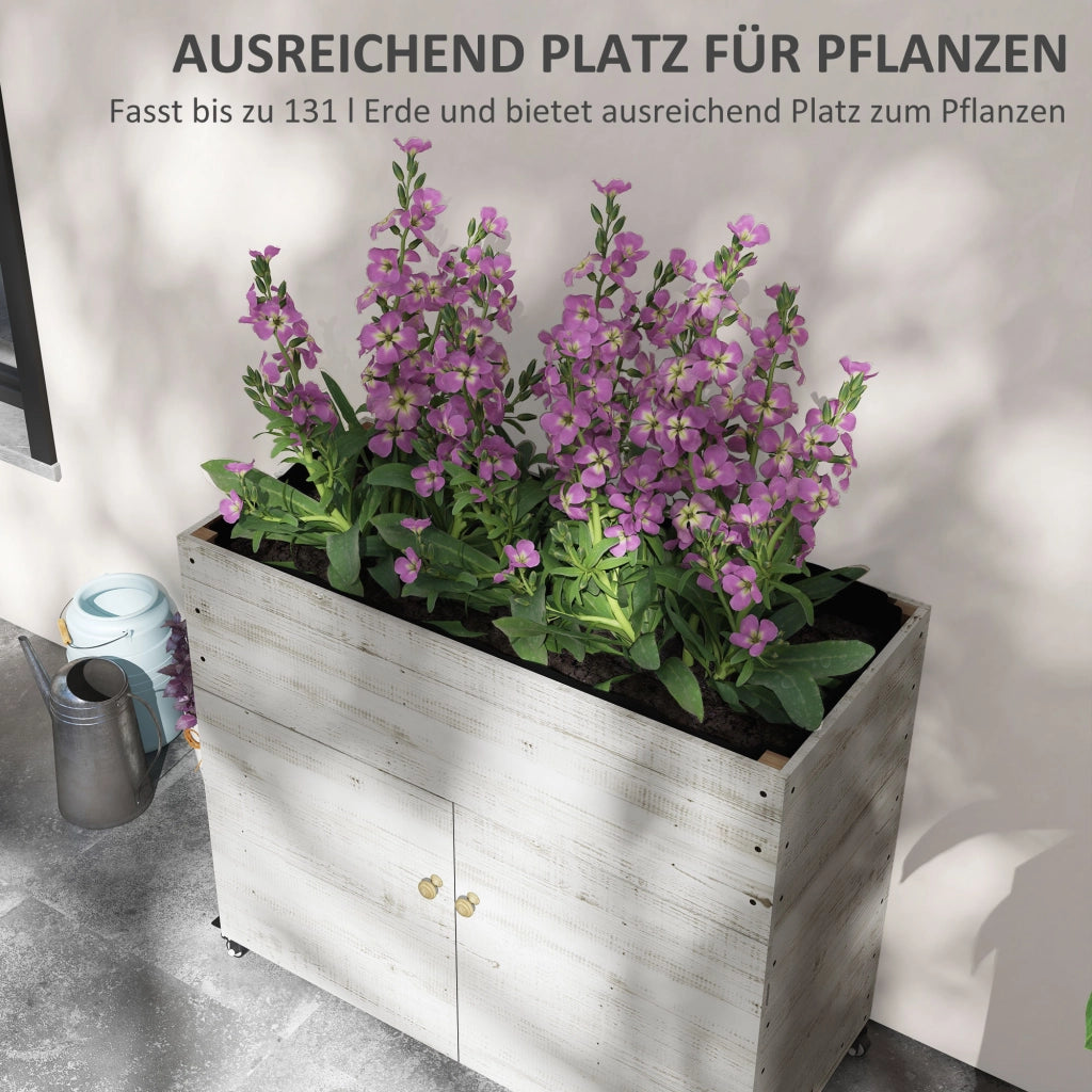 FIORIERA Rialzata con vano contenitore 110 x 50 x 95 cm Legno bianco con ruote