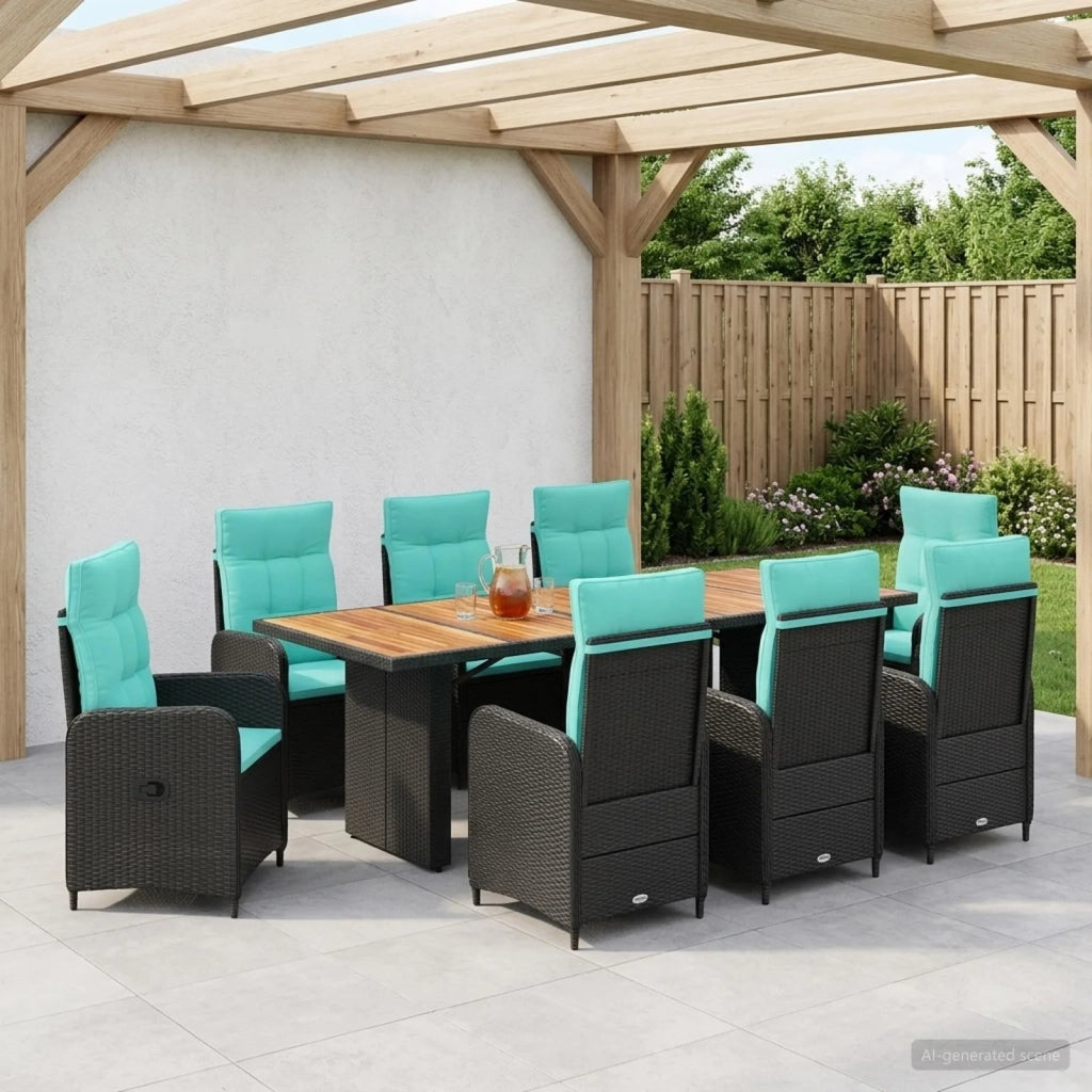 Set da pranzo per esterni 9 pz Nero e Turchese polyrattan 3422377