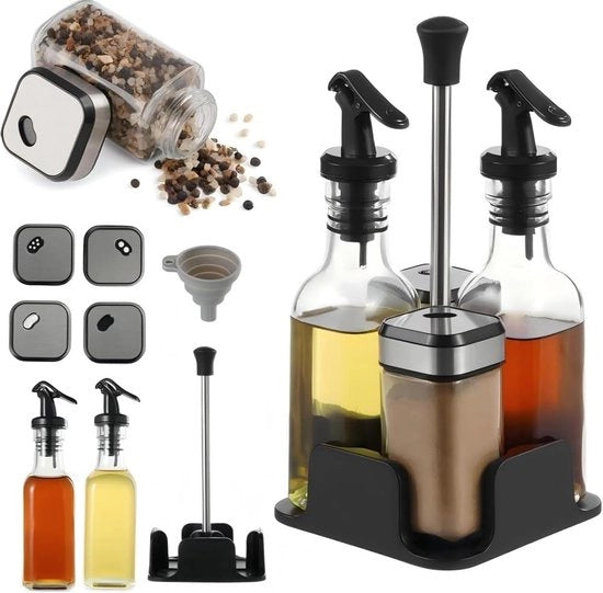 Set di 5 Oli Flessi e contenitori di erbe - Supporto in Acciaio Inox - per Cucina
