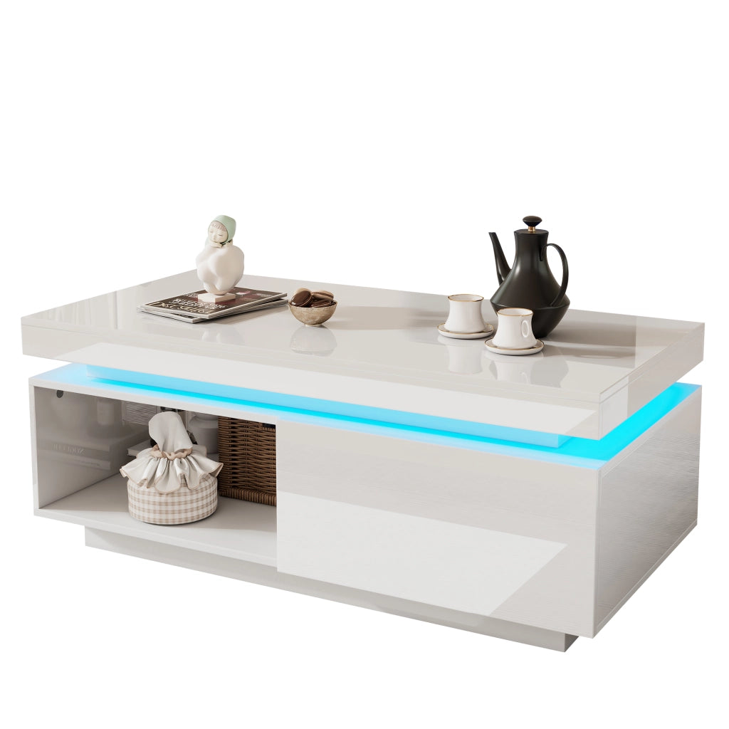 Tavolino da salotto 100x50x40;3 cm; lucido con LED e cassetto; truciolato bianco