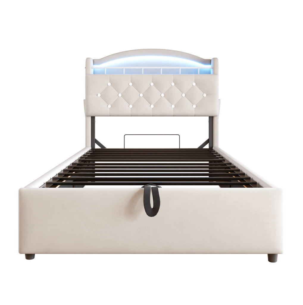 Letto imbottito per bambini 90x200 cm in velluto beige con LED; USB e vano contenitore