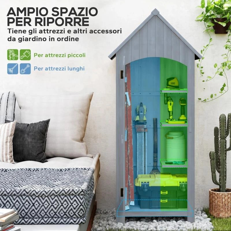 CASETTA PORTA ATTREZZI IN LEGNO A 3 MENSOLE CON TETTO IMPERMEABILE IN BITUME, 77.5X54.2X179.5 CM, GRIGIO