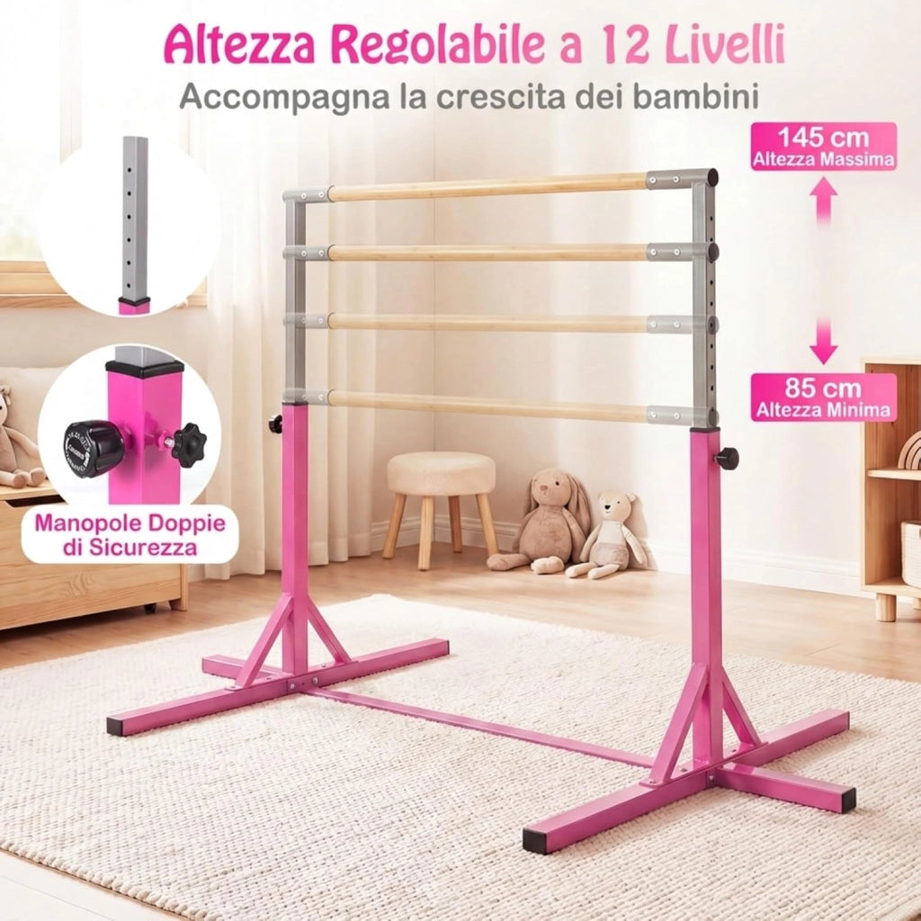 Sbarra per Ginnastica e Danza per Bambini e Bambine, Barra Ginnastica in Metallo e bambù Portatile e Regolabile in Altezza con Cuscinetti Antiscivolo, 195 x 121 x 85-145 cm