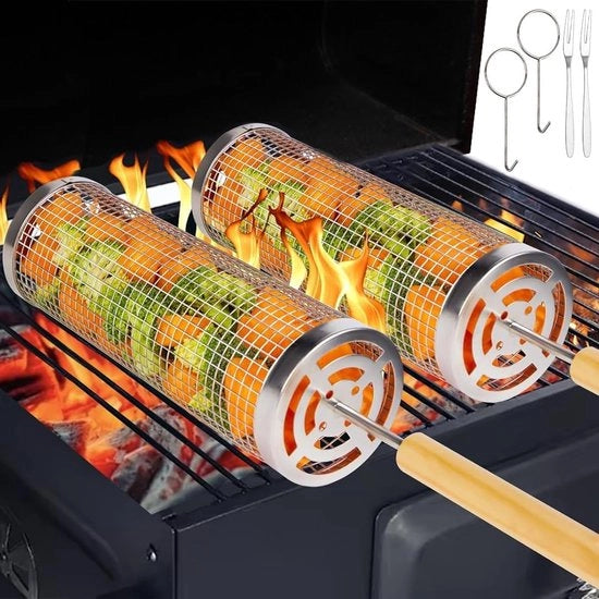 Set di 2 Grillatori Rotanti per BBQ con Maniglie in Legno