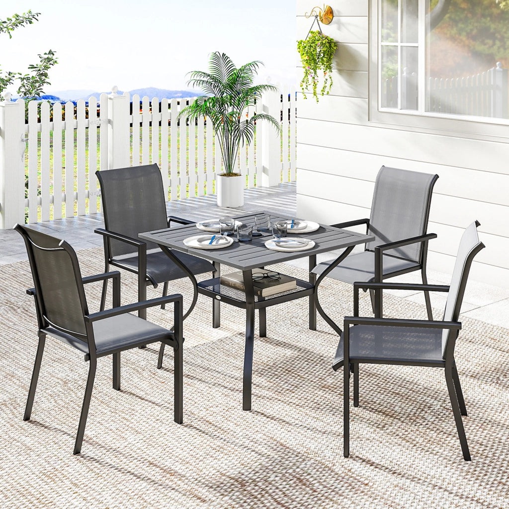 Set da Giardino 5 Pezzi in Acciaio con Tavolo e Sedie Impilabili ¨C Zephmum ¨C Grigio