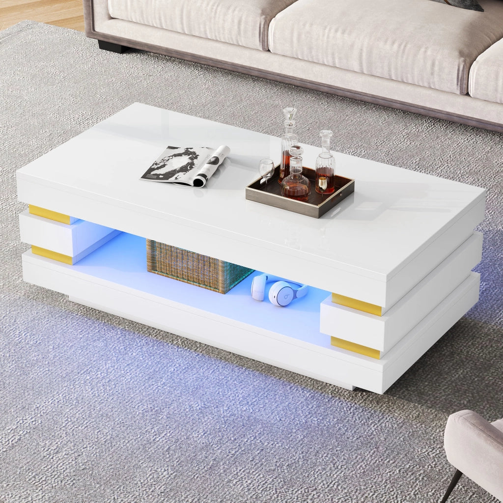 Tavolino lucido, 100 x 50 x 35 cm, design traforato, luci a LED, pannello truciolare, bianco