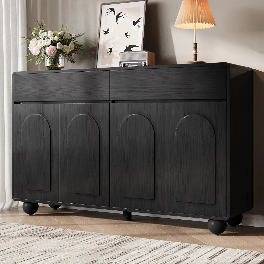 Credenza e madia con 2 cassetti, 4 ante e ripiani regolabili, in MDF e PB, per soggiorno, nero, 140 × 38 × 89 cm