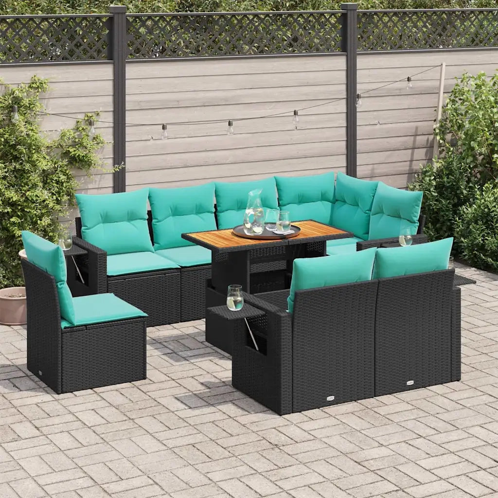 Set Divani da Giardino 9 pz con Cuscini Nero in Polyrattan