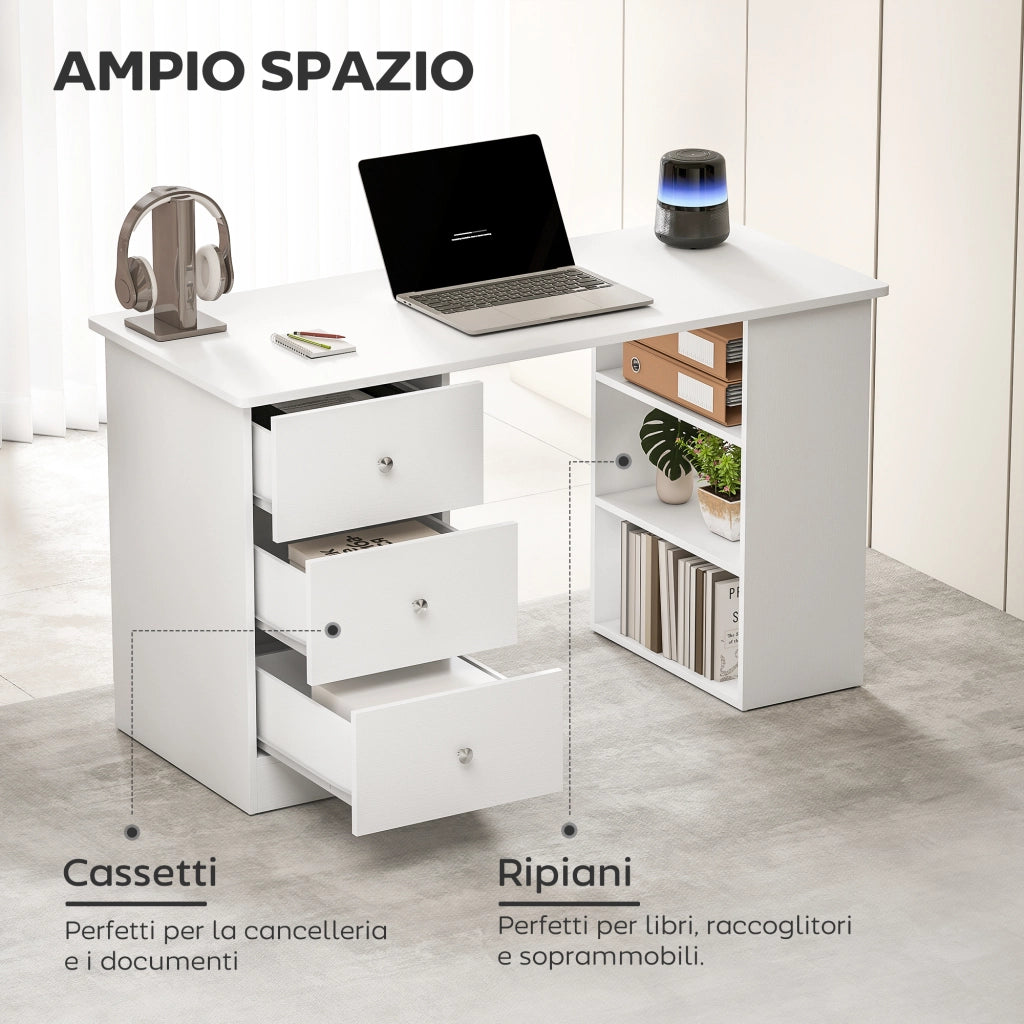 Scrivania con Cassettiera e Ripiani in Legno ¨C zephmum ¨C Bianco 120x49x72