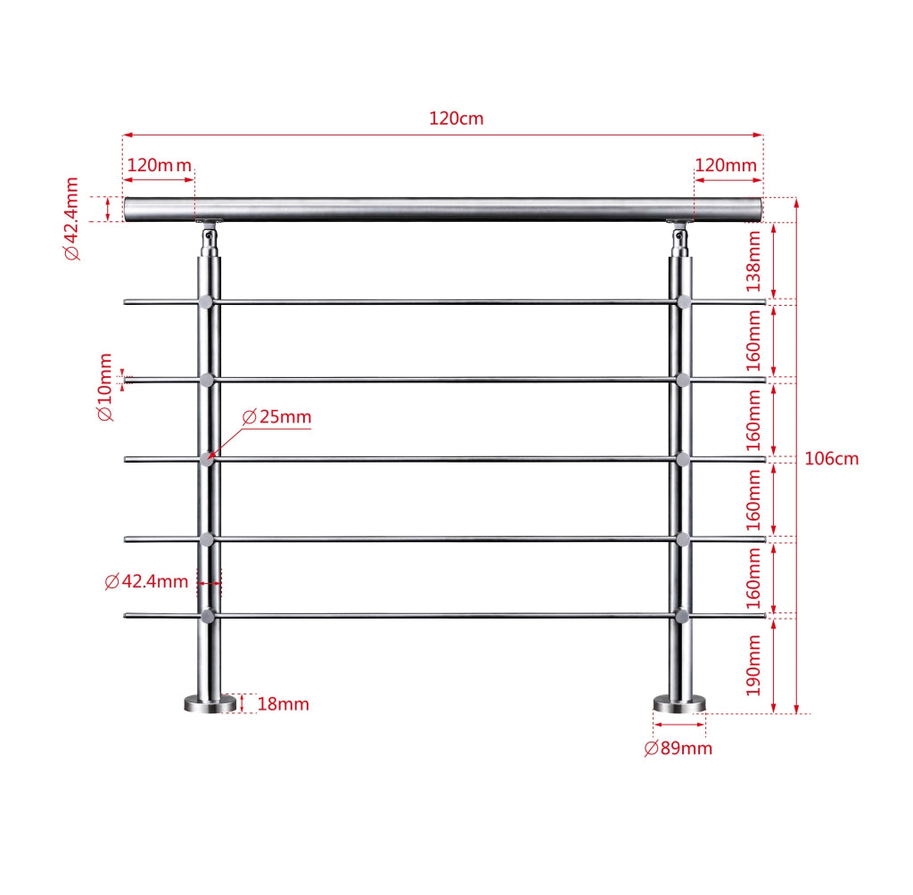 Balaustra Corrimano Ringhiera in acciaio inox spazzolato 120x106cm per interni ed esterni 5 barre trasversali